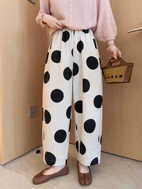 Women Cotton Linen Casual Everyday Loose Polka Dot Pants No Rubbing