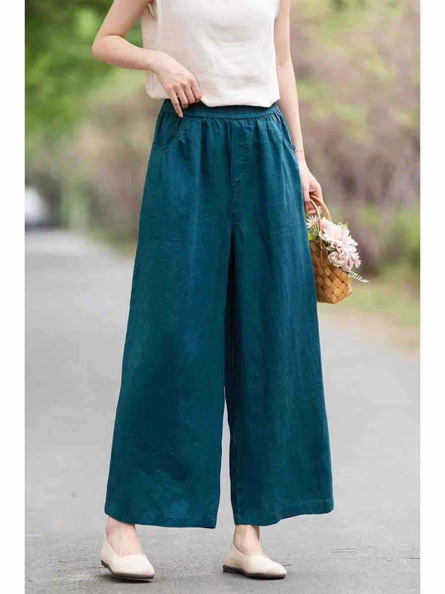 Summer Linen High Elastic Waist Loose Versatile Solid Color Pants Silky feel Hygienic Fabric
