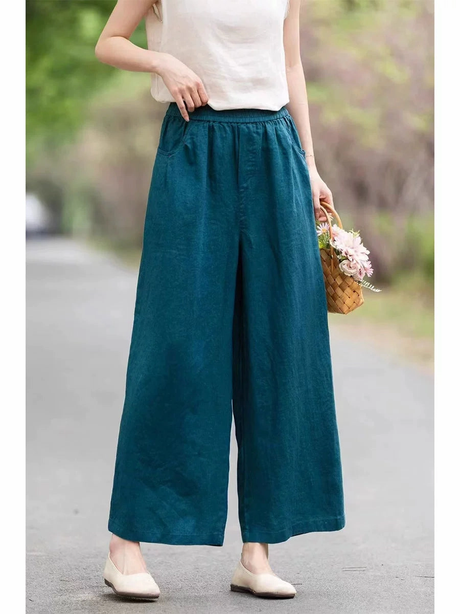 Moisture Management Summer Linen High Elastic Waist Loose Versatile Solid Color Pants