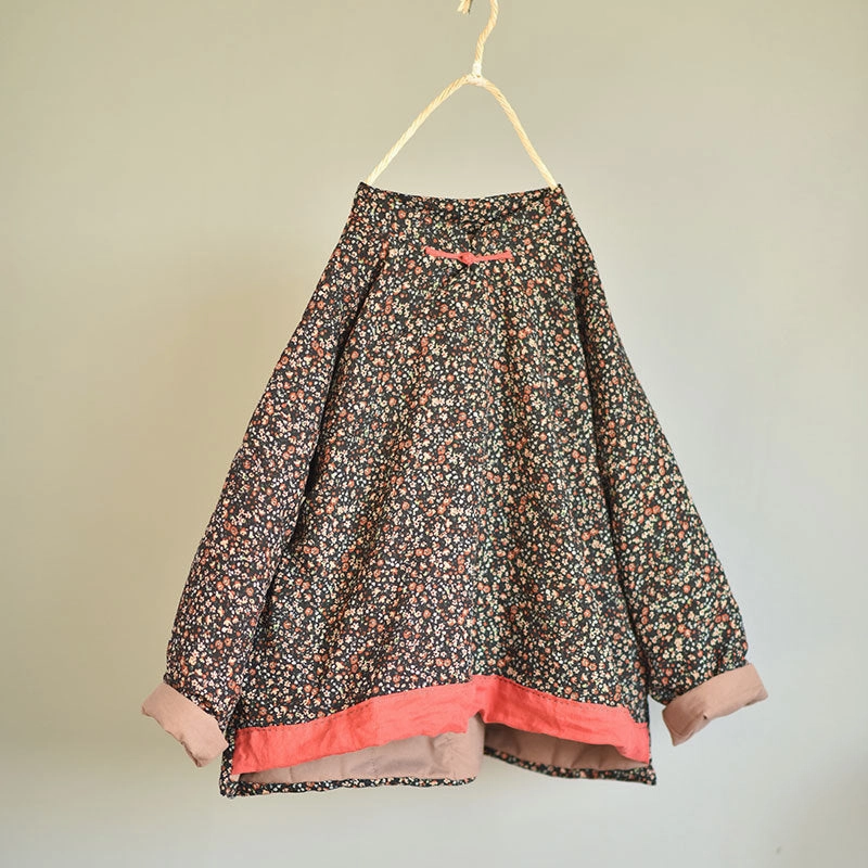 Women Traditional Style Floral Printed Padded Linen Coat Cold Weather