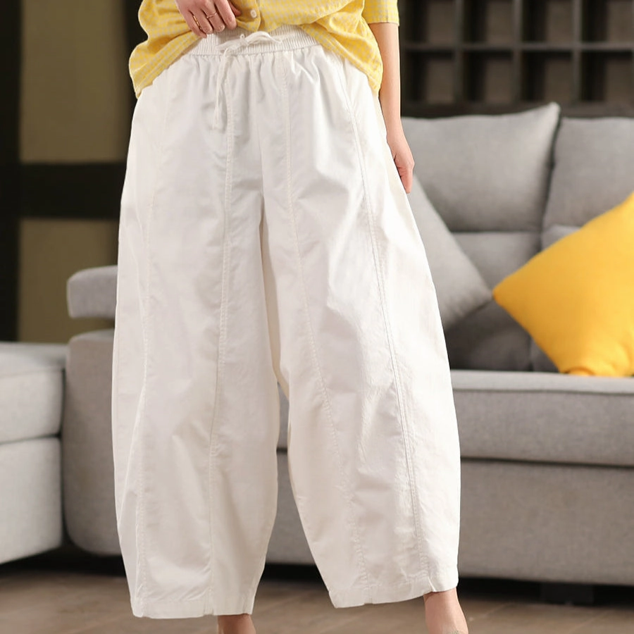 Women Spring Retro Cotton Solid Color Casual Harem Pants Adaptable Fabric