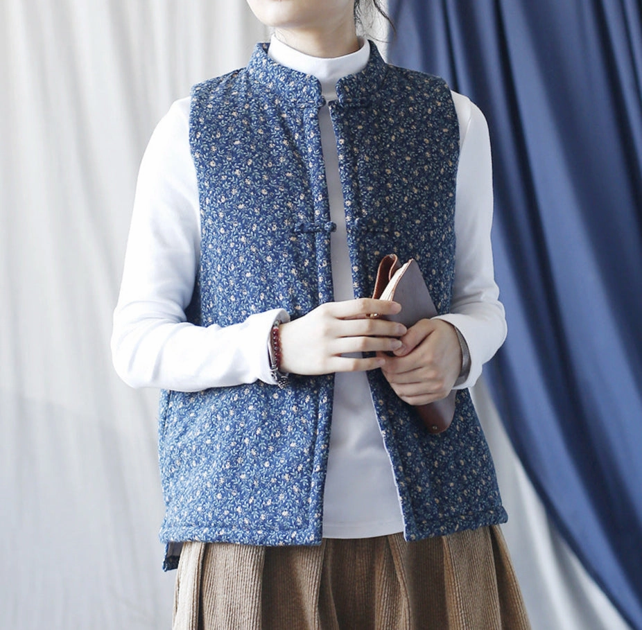 Women Retro Brushed Printed Thickened Warm Cotton Vest AntiStatic Inner Layer Anti Pilling Finish