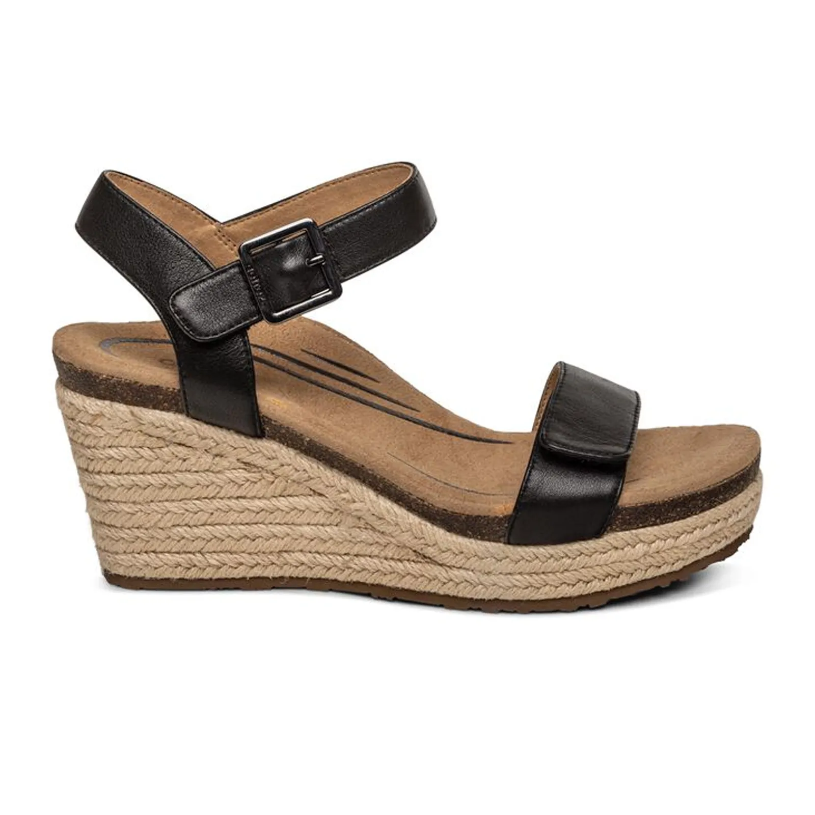 Comfort For Outdoors Aetrex Sydney Wedge Sandal (Women) - Black Leather
