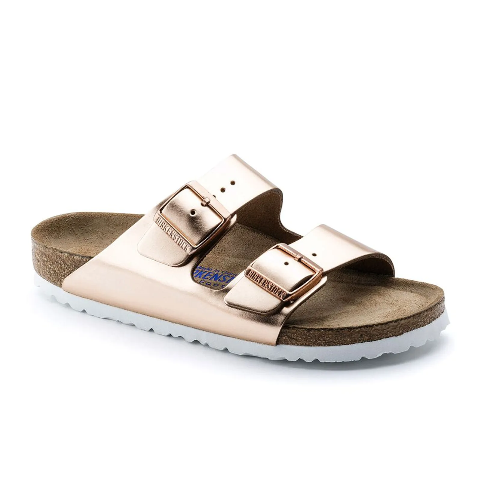 High-End Leather French Edge Birkenstock Arizona Soft Footbed Narrow Slide Sandal (Women) - Metallic Copper