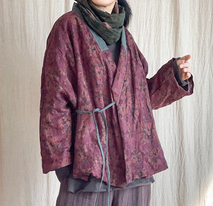 Minimalist Design Pattern Print Women Vintage Floral Printed Warm Padded Linen Coats