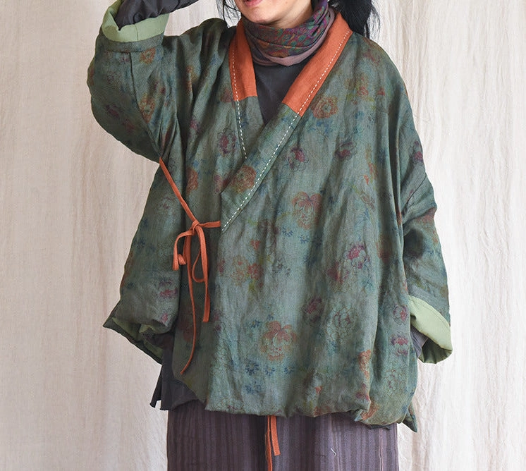 Windproof Inner Layer Stylish Basics Women Vintage Floral Printed Warm Padded Linen Coats