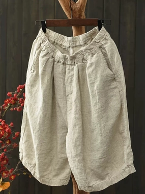 Babakud Women Summer Simple Linen Elastic-Waist Pants wrinkle free Silky feel