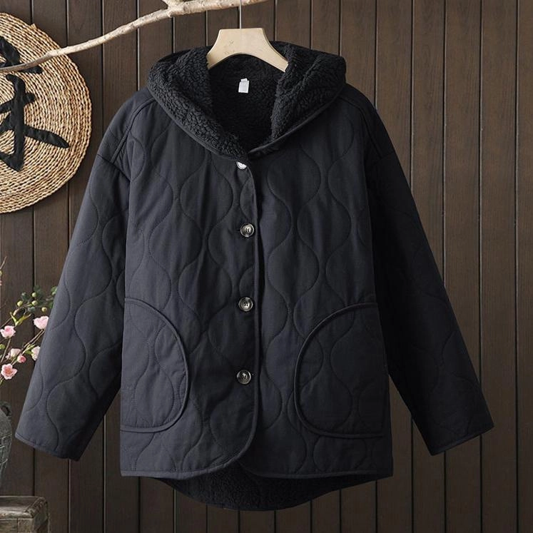 Babakud Women Winter Fleece-Lined Cotton Loose Fit Hooded Jacket Travel Commuter Layer Flexible Comfort