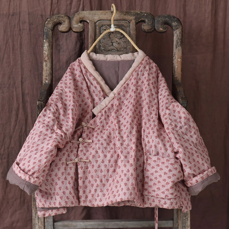 Pink Traditional Style Printed Linen Padded Coat Multi Pocket
