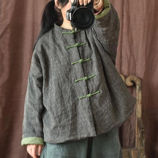Smooth Zipper Track Winter Vintage Stripe Cotton Padded Linen Coat