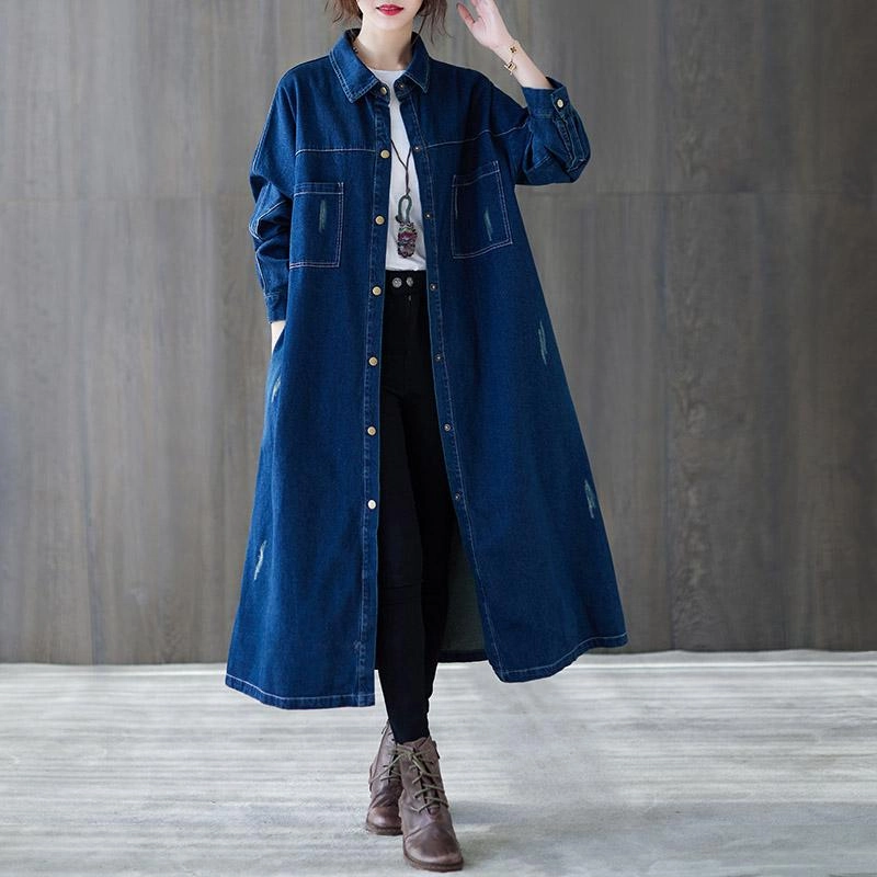 Waterproof Coating Spring Loose Casual Single- Breasted Mid- Length Denim Coat