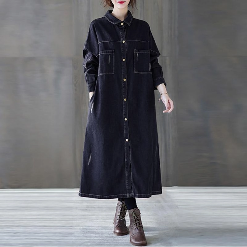 Spring Loose Casual Single- Breasted Mid- Length Denim Coat Bonded Collars Convertible Collar Style