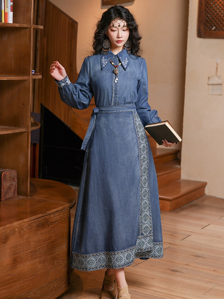 Autumn Denim Casual Loose Chinese Style Embroidered Skirt wrinkle free Soft Texture