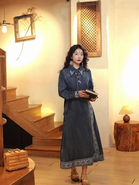 Autumn Denim Casual Loose Chinese Style Embroidered Skirt Ideal Fit Moisture control