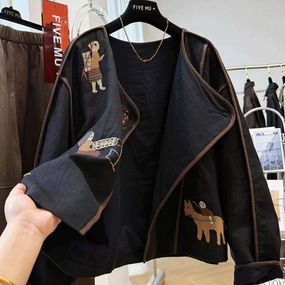 Autumn Fashionable Linen Embroidered Round Neck Loose Coat Classic Fit WaterResistantCoating