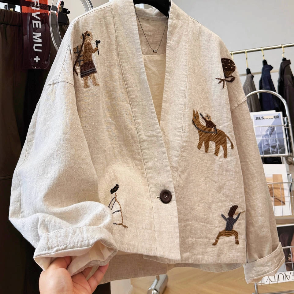 Tailored Cut Autumn Linen Embroidered V-Neck Loose Casual Cute Coat