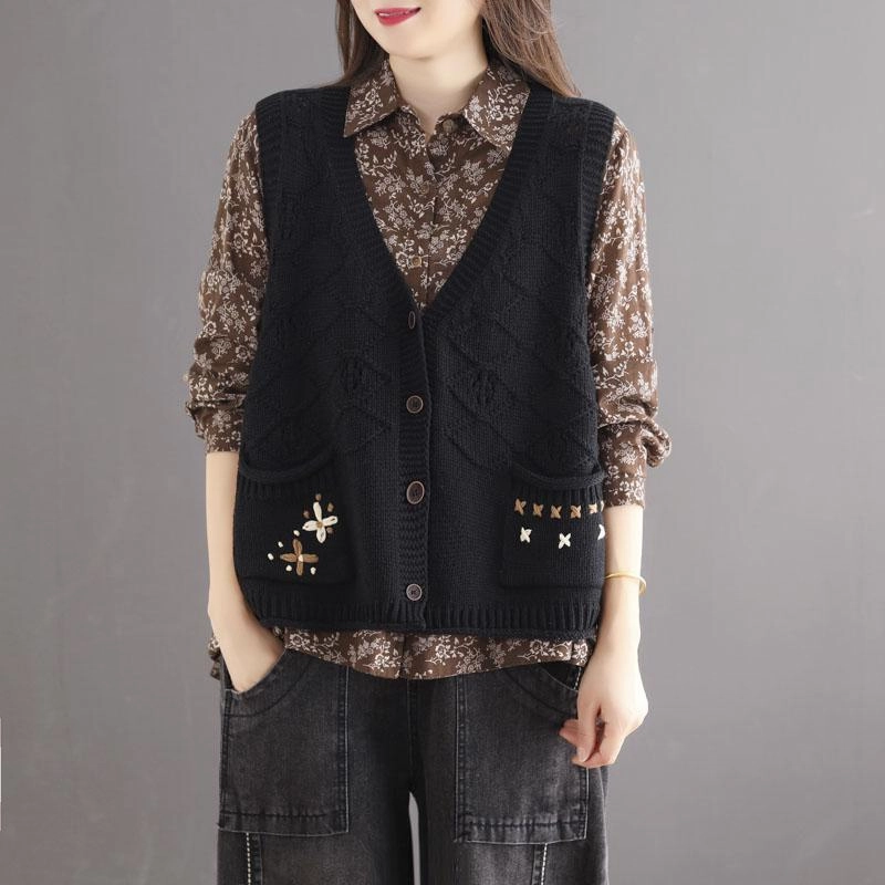 Noise Free Material Mid Length Cut Autumn Retro Hollow Loose Cotton Knitted Vest