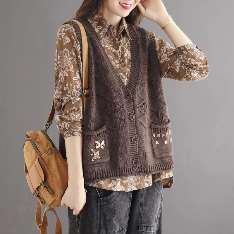 Quick Access Closures Foldable Collar Autumn Retro Hollow Loose Cotton Knitted Vest