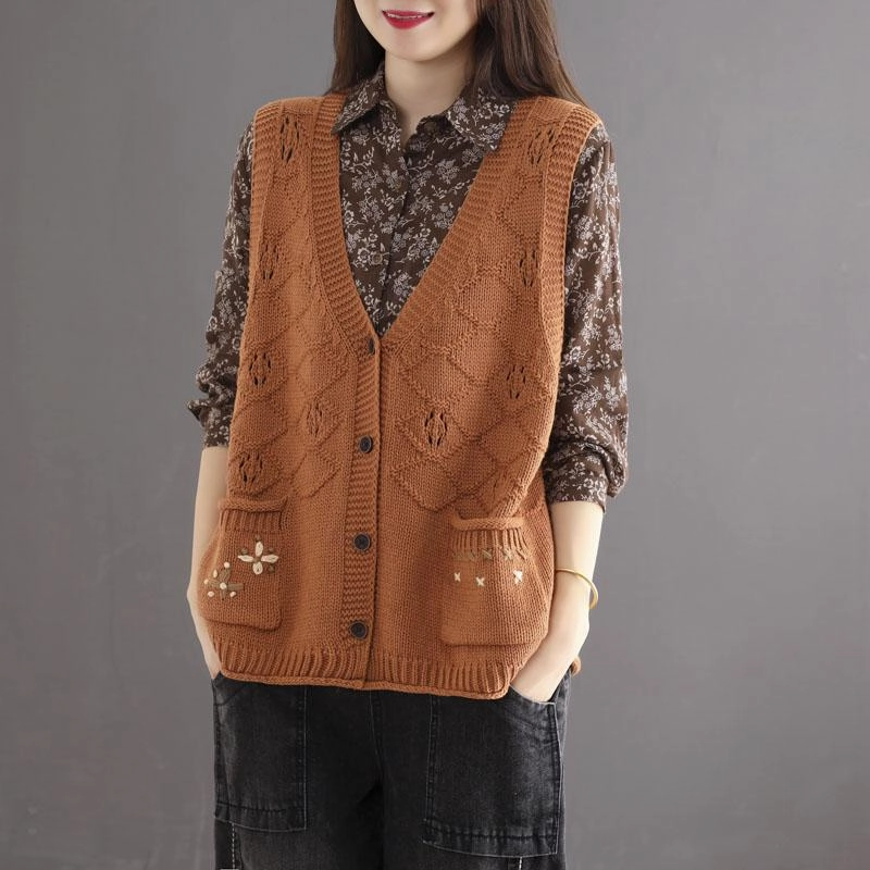 Autumn Retro Hollow Loose Cotton Knitted Vest Fleece Lined Interior