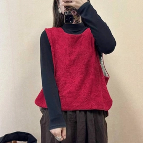 All Seasons High Tensile Reinforcement Autumn Retro Linen Embroidered Round Neck Vest