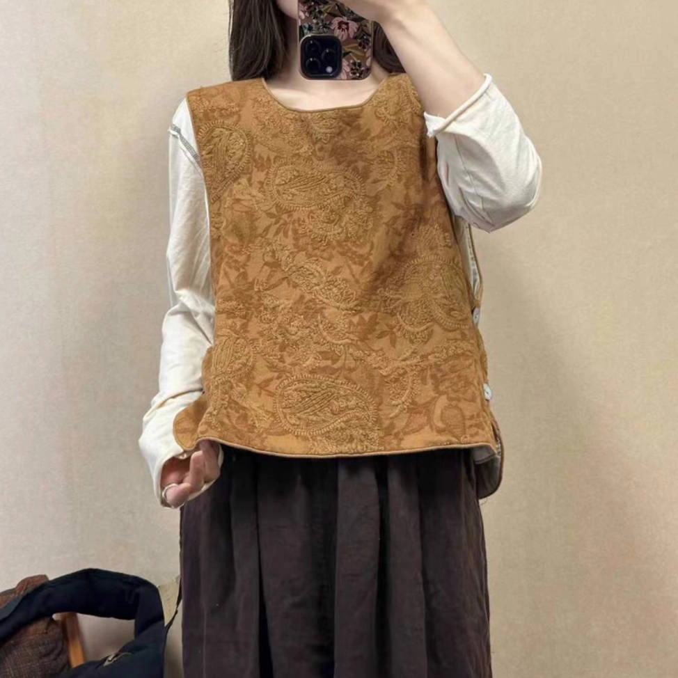 Windproof Construction Autumn Retro Linen Embroidered Round Neck Vest
