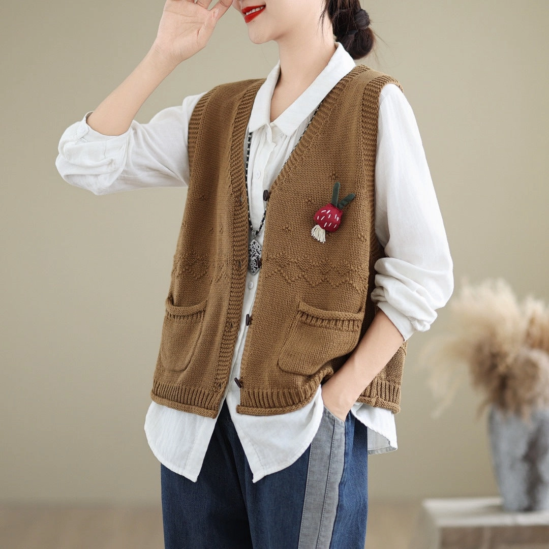 Compression Panels Flatlock stitching Autumn V-neck Pockets Cotton Knitted Vests