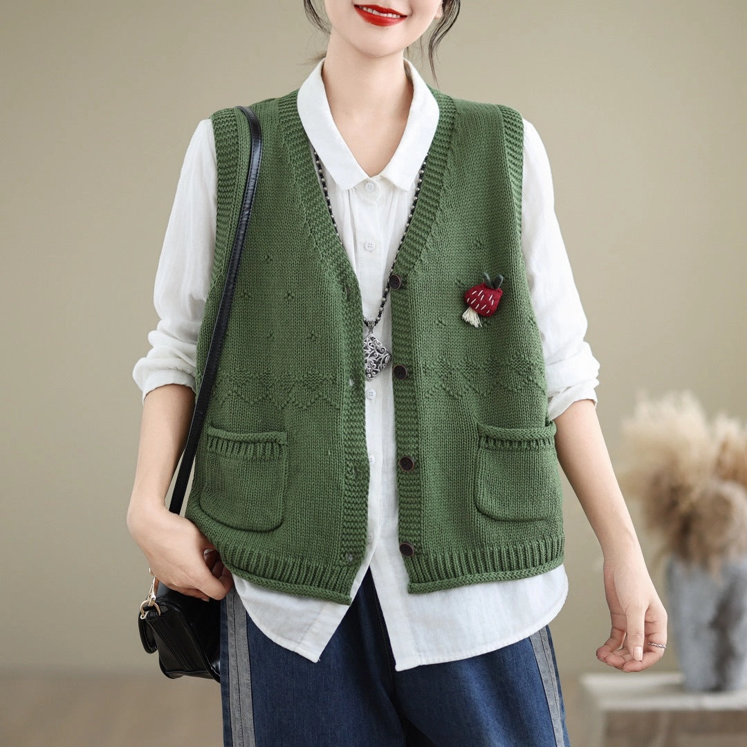 Heavyweight Fabric Relaxed Fit Structure Autumn V-neck Pockets Cotton Knitted Vests
