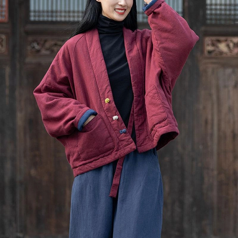 Autumn Winter Cotton Linen Retro Warm Coat Double Layered Collar