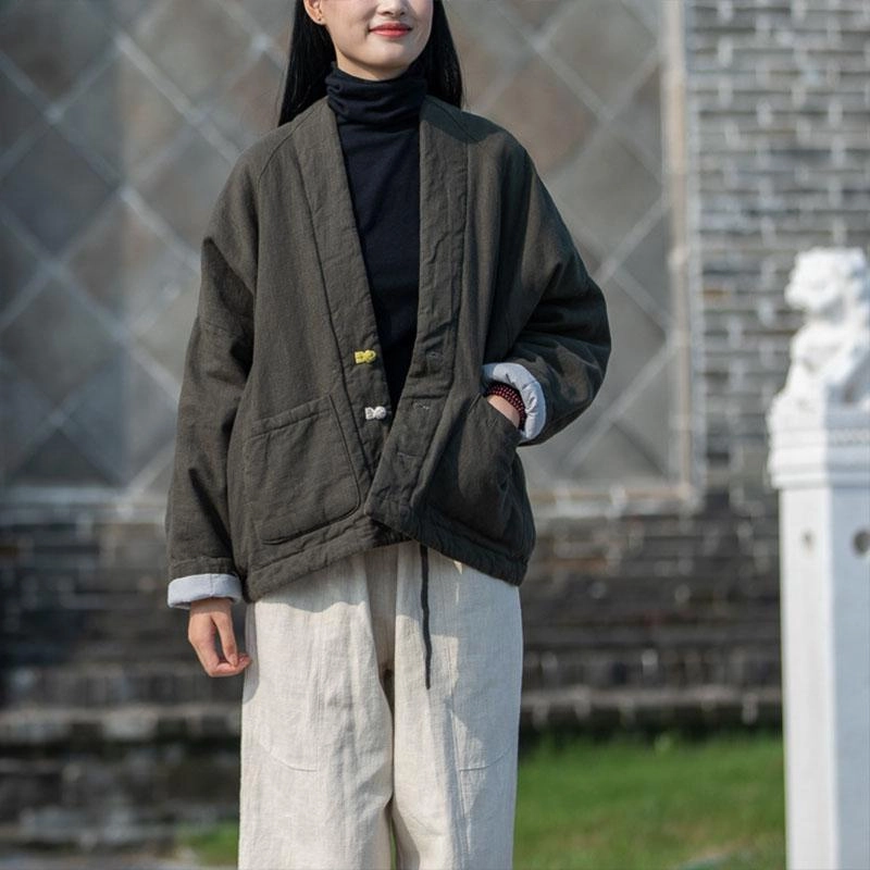 Basic Essential Layer Autumn Winter Cotton Linen Retro Warm Coat