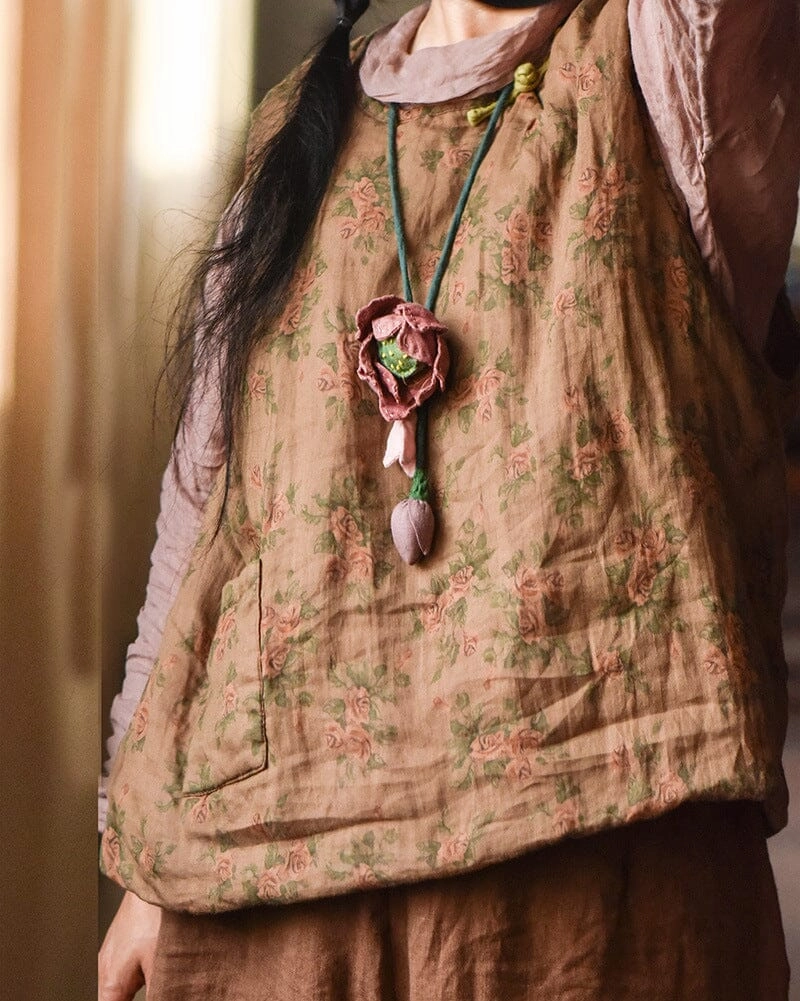 Autumn Winter Retro Floral Loose Padded Linen Vest Utility Pockets