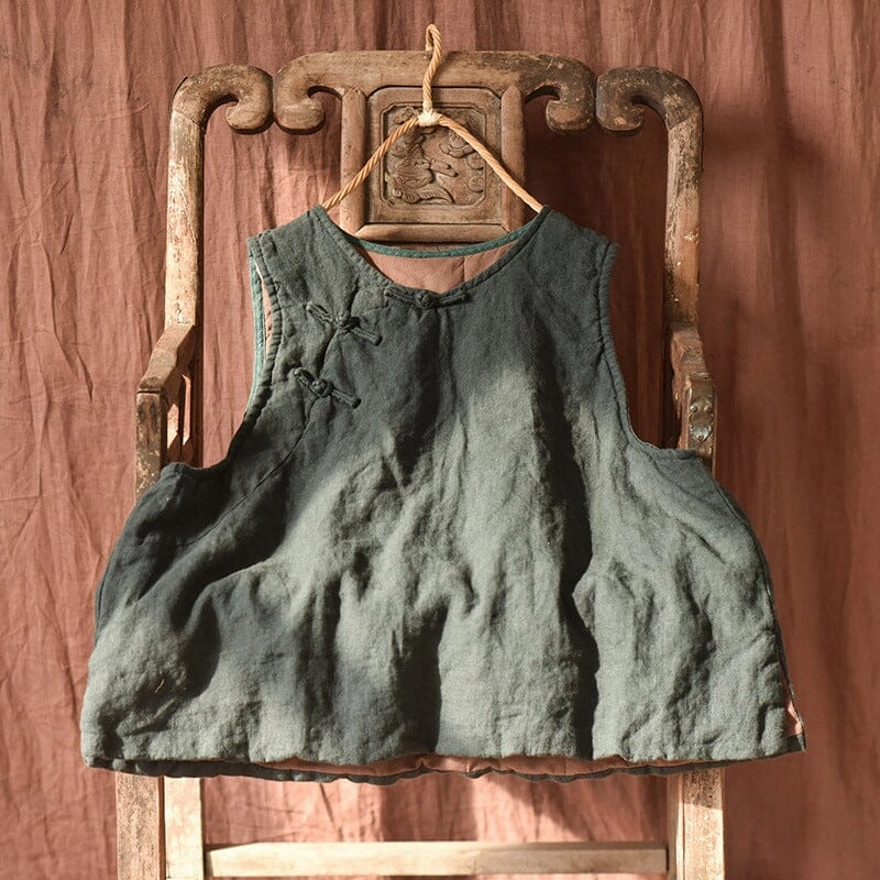 LowProfileStitching Snap Closures Autumn Winter Retro Padded Cotton Linen Vest