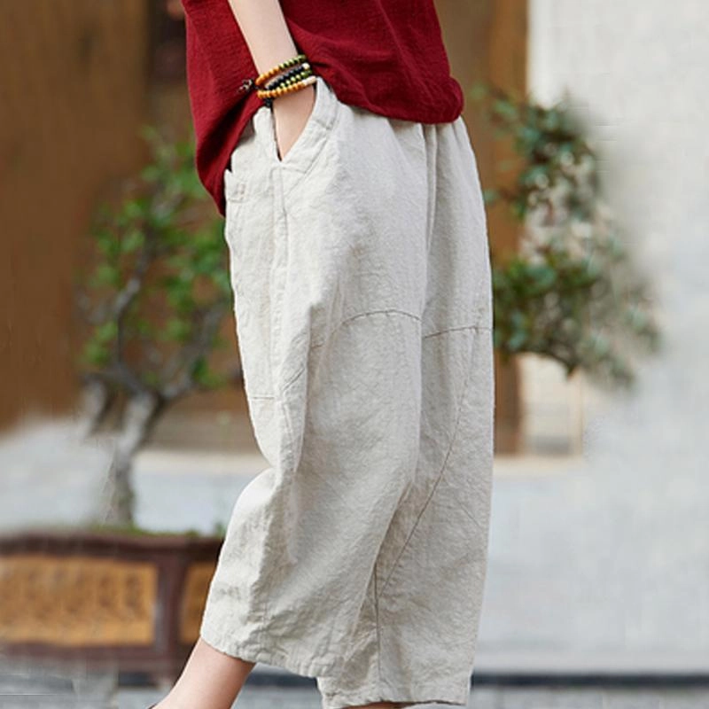 Babakud Cotton Linen Pockets Casual Bloom Pants Lightweight Material Size Stable