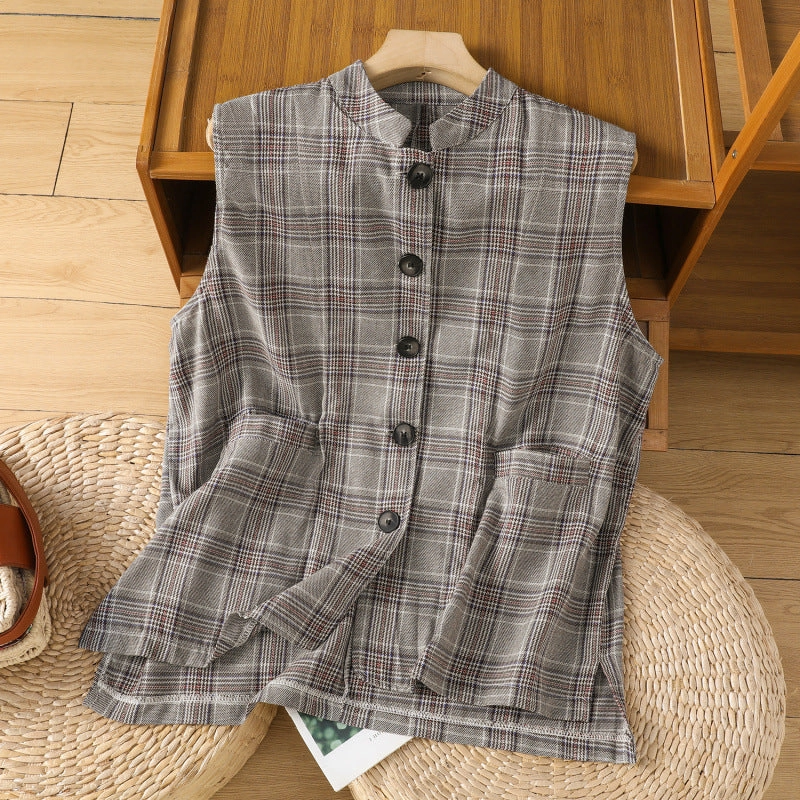Babakud Linen Vintage Casual Houndstooth Stand Collar Vest Athletic Tailored Fit