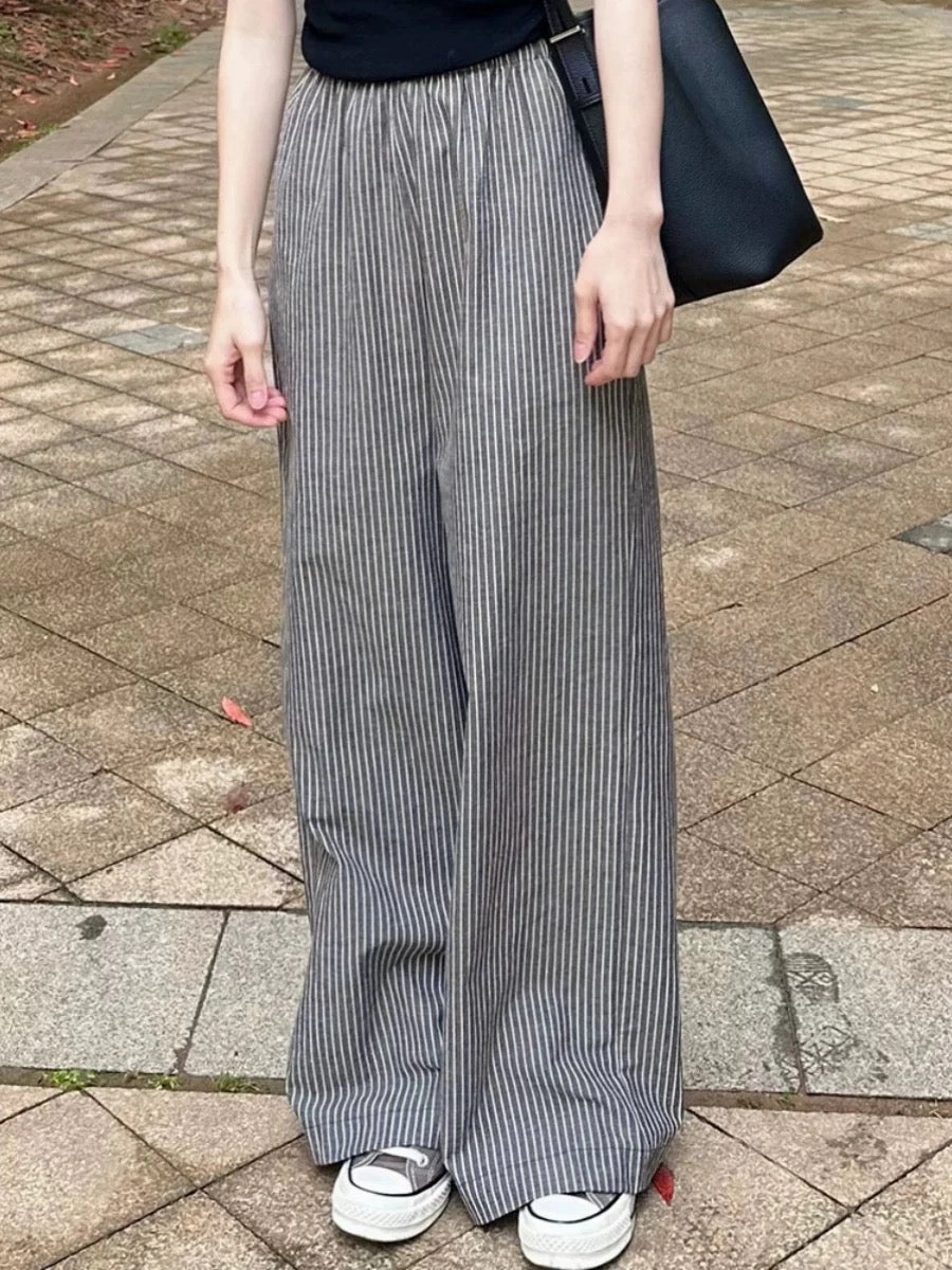 Snag Proof Moisture Management Babakud Spring Cotton Linen Gray Striped Straight-Leg Casual Pants