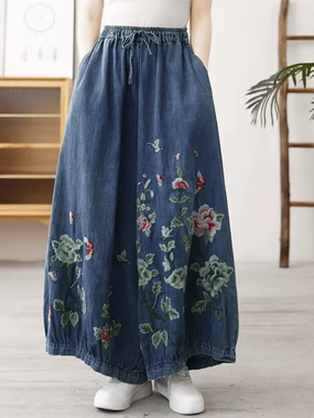 Babakud Women Autumn Floral Comfortable Cotton Denim Pants Airy Fabric