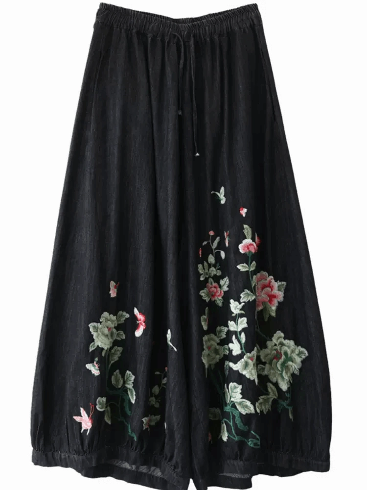 Airy Fabric Wrinkle Proof Babakud Women Autumn Floral Comfortable Cotton Denim Pants