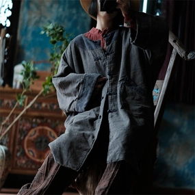 Babakud Women Autumn Retro Linen Loose Robe Coat Durable zipper pull Breezy Layer Option