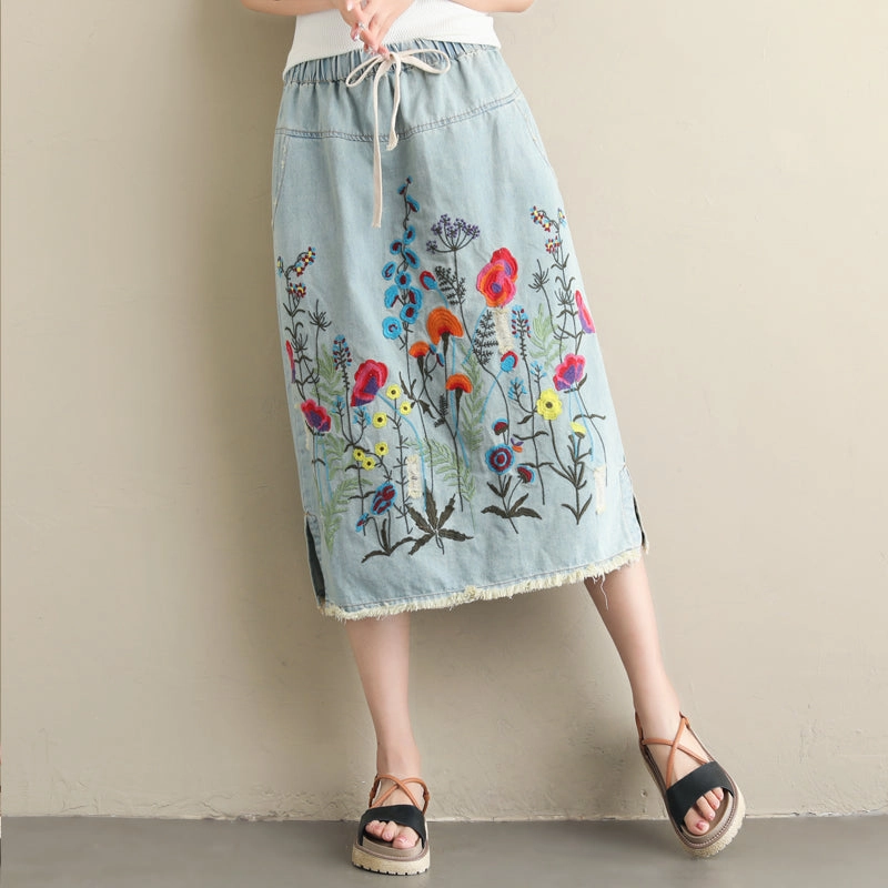 Babakud Women Autumn Winter Vintage Embroidery Denim Skirt Cool Comfort Humidity Control