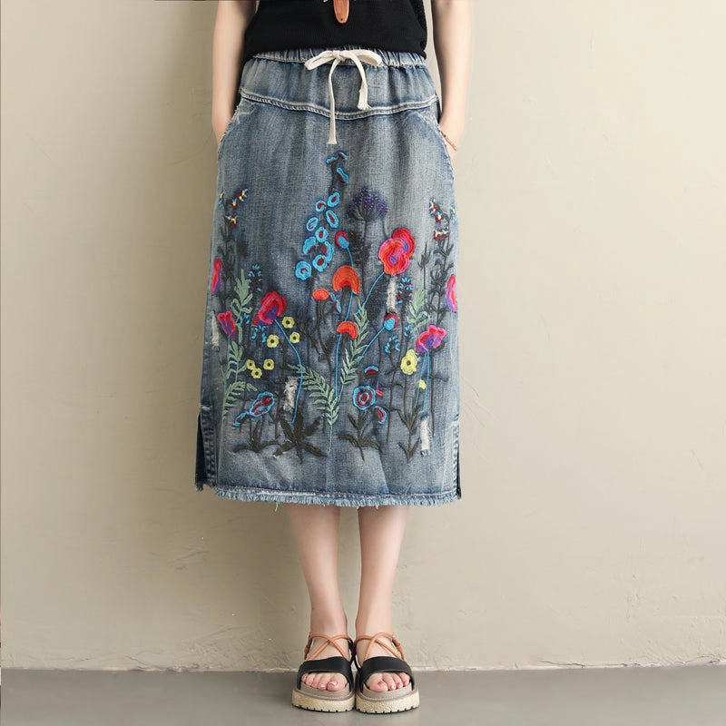 Non-Binding Fade Resistant Babakud Women Autumn Winter Vintage Embroidery Denim Skirt