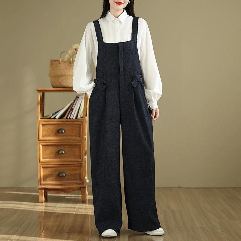 No Rubbing Babakud Women Spring Retro Denim Cotton Loose Wide-Leg Jumpsuit
