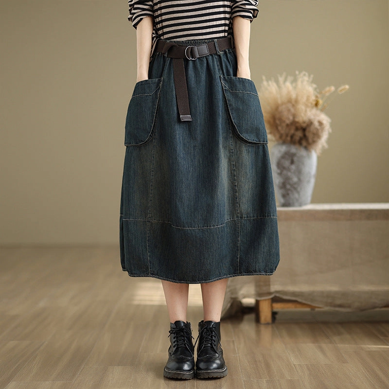 hypoallergenic Babakud Women Spring Retro Denim Elastic Waist Midi Skirt