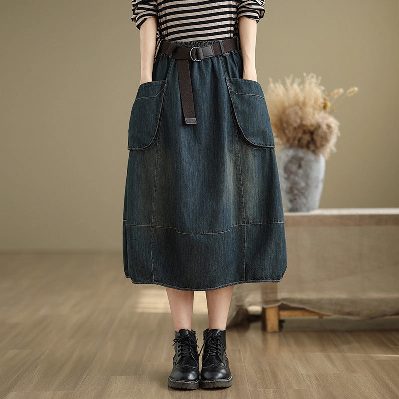 Ventilated fabric Babakud Women Spring Retro Denim Elastic Waist Midi Skirt