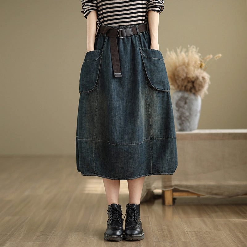 Durable Material Babakud Women Spring Retro Denim Elastic Waist Midi Skirt