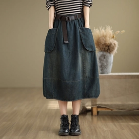 hypoallergenic Babakud Women Spring Retro Denim Elastic Waist Midi Skirt