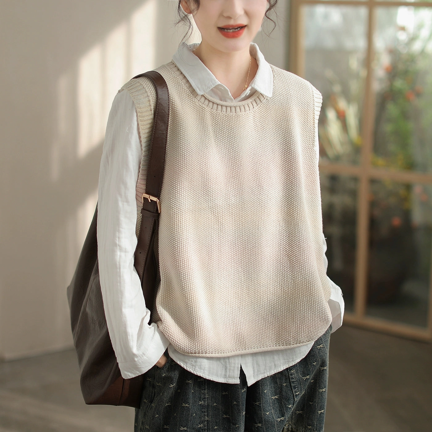 Babakud Women Spring Round Neck Sleeveless Knitted Vest Zipper Closure Mechanism