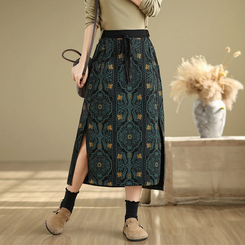 Relaxed Fit Reinforced Edges Babakud Women Spring Vintage Side-Slit Printed Denim Skirt