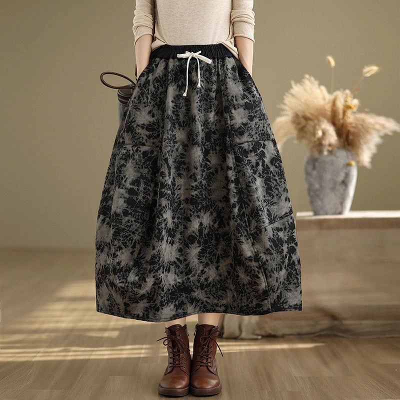 Sleek Finish Comfortable Edge Babakud Women Winter Loose Fit Fleece-Lined Denim A-Line Skirt