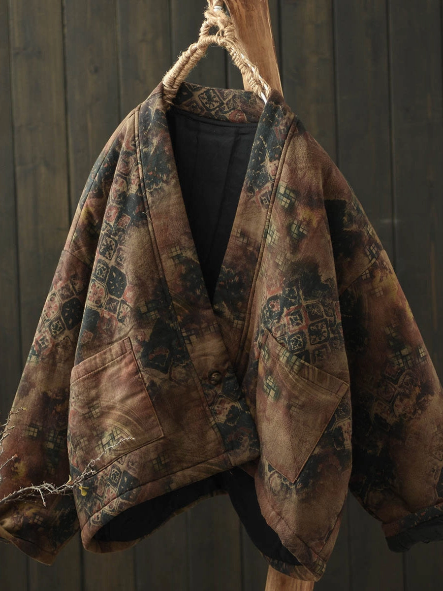 Stay Dry Interior Crisp Detail Babakud Women Winter Retro Loose Printed Floral Batwing Quilted Jacket