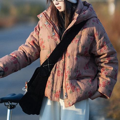 Reflective Detailing Babakud Women Winter Retro Pink Linen Printed Down Short Hooded Puffer Jacket