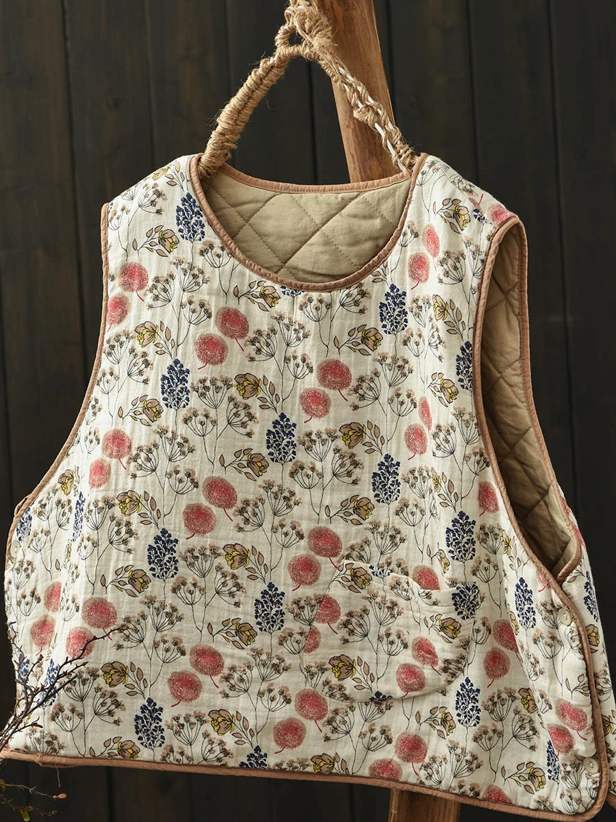 Mark Style Babakud Women Winter Retro Printed Floral Cotton-Linen Quilted Vest